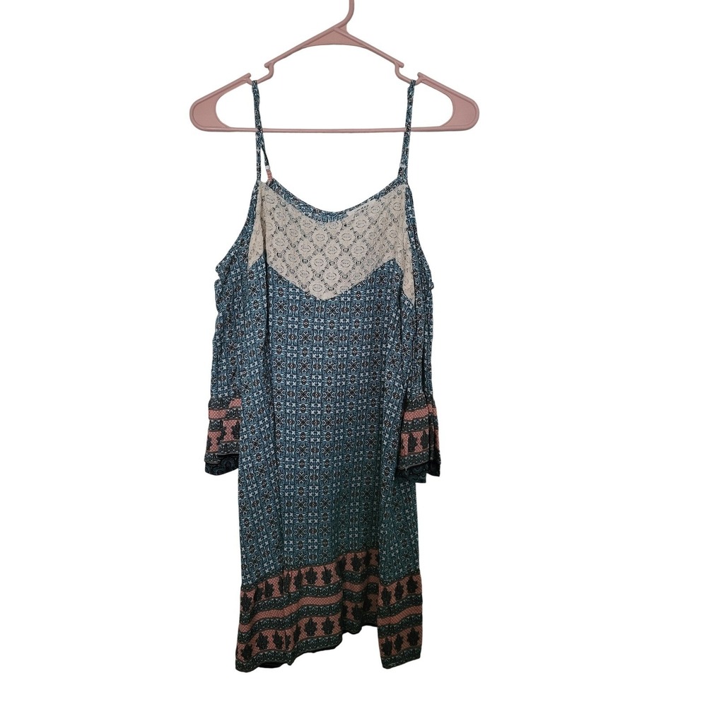 Umgee Cold Shoulder Lace Dress Womens Small Teal Coral Boho Bell Sleeve A2219